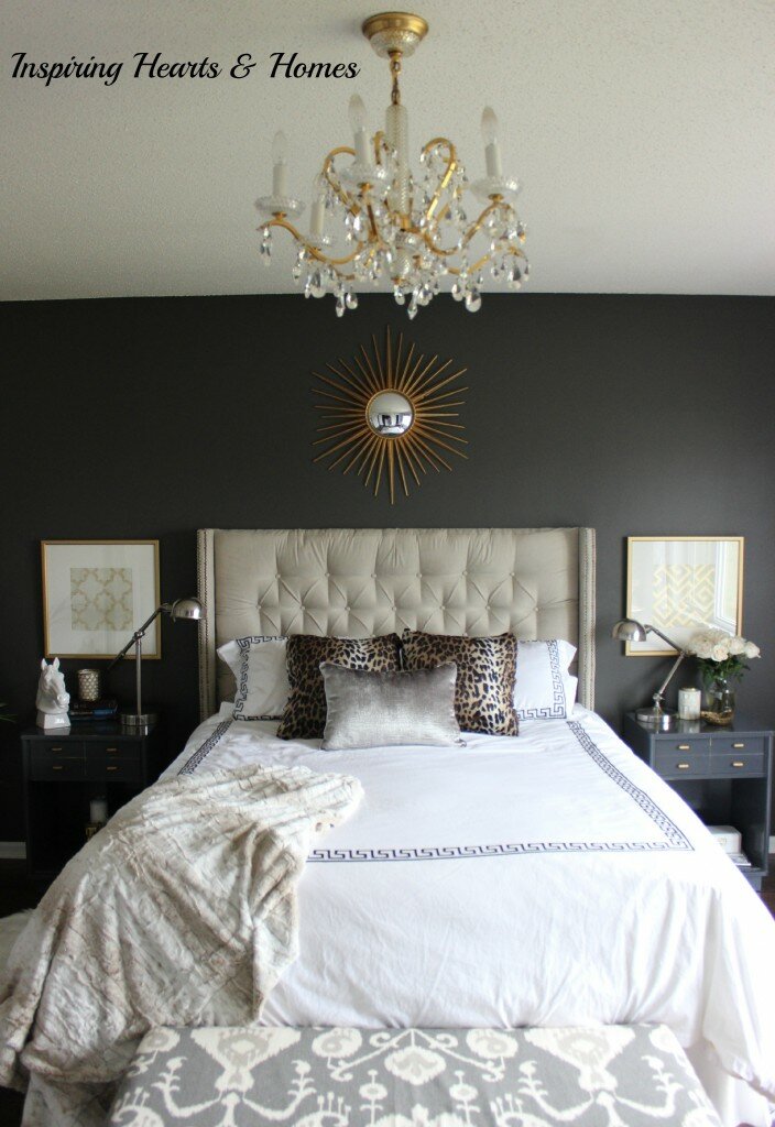 chandelier, master bedroom, tufted headboard